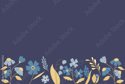 Bottom floral border with vintage wildflowers and leaves on navy blue, scandinavian botanical ornament for letterhead, poster, flyer, and seasonal gift card template
