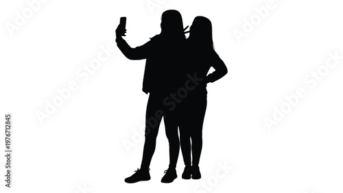 Two young women taking a selfie against a stark white background captured in silhouette