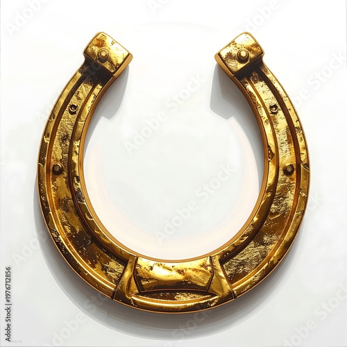 Close-up of a golden horseshoe with a bright, clean white backdrop