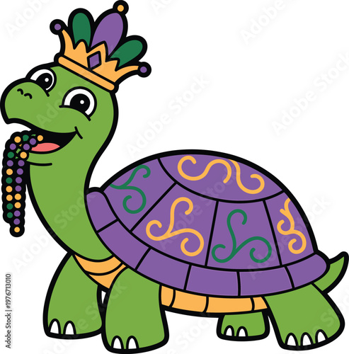 Cartoon turtle wearing a mardi gras crown and holding colorful beads in its mouth
