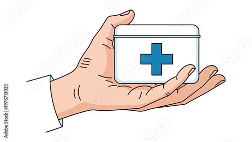 Human hand holding a white first aid kit with a prominent blue cross symbol, symbolizing health, emergency, and medical care assistance.