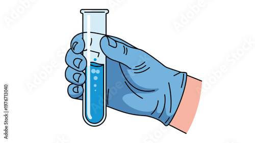 Gloved hand holding a clear glass test tube filled with bubbling blue liquid, symbolizing scientific research, laboratory experiments, and medical testing.
