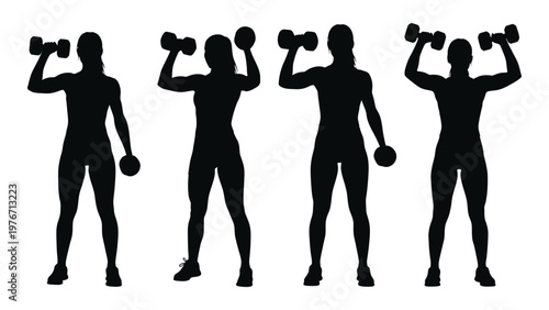 Silhouette series depicting a woman lifting dumbbells in progressive stages of exercise