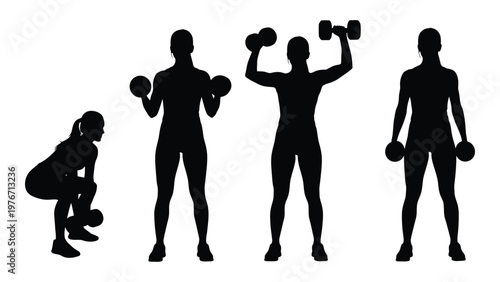 Silhouettes of women performing various weightlifting exercises in a studio setting