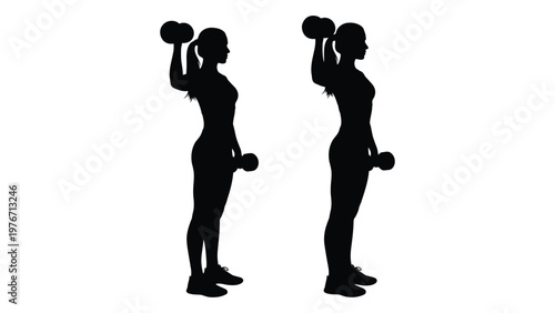 Silhouette of a woman performing dumbbell shoulder presses in two different positions