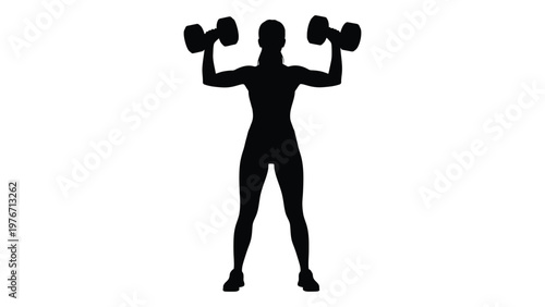 Silhouette of a woman lifting dumbbells overhead in a strength training exercise