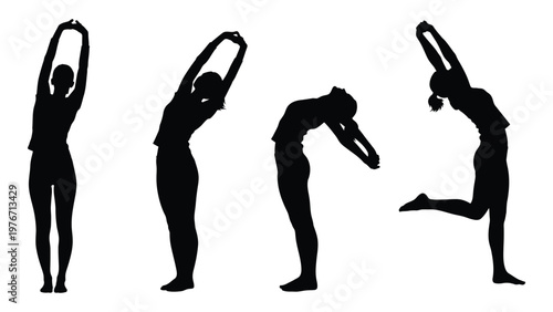 Silhouettes of women performing various stretching and yoga poses in a row