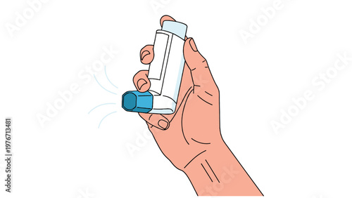 Detailed vector illustration of a human hand holding and activating a white and blue asthma inhaler, releasing a therapeutic mist for respiratory relief.