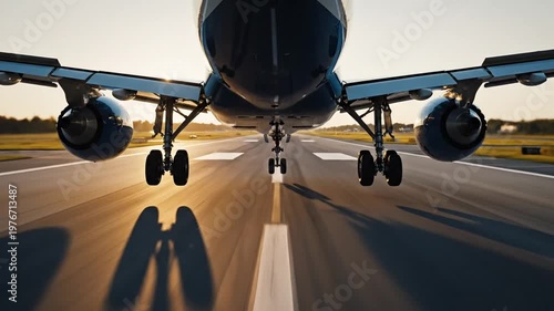 Commercial airplane lifting off runway at airport during golden hour
