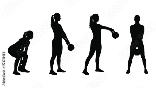 Silhouette series depicting a woman performing a kettlebell swing exercise