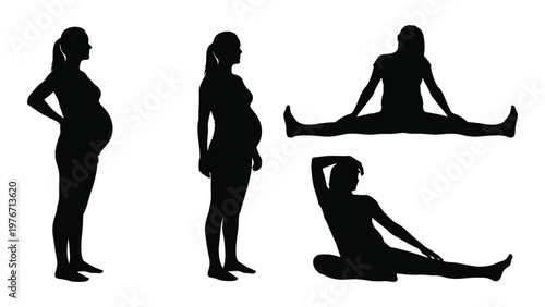 Silhouettes of pregnant women and a person stretching depicted in black