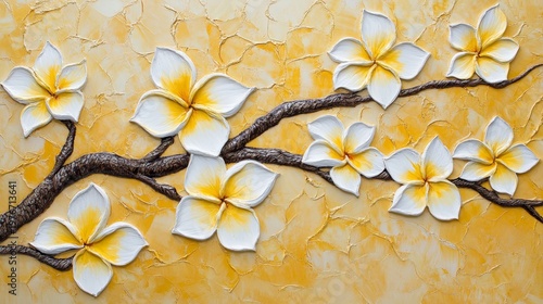 Artistic depiction of a flowering branch with white-yellow blooms on textured yellow backdrop