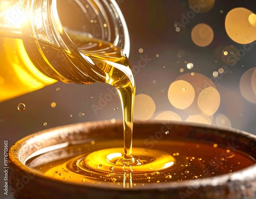 Close-up of golden liquid pouring from a bottle into a wooden bowl