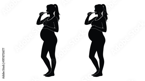 Silhouettes of a pregnant woman brushing her teeth shown in profile and from the front