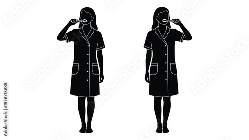 Two identical silhouettes of a woman brushing her teeth in a lab coat