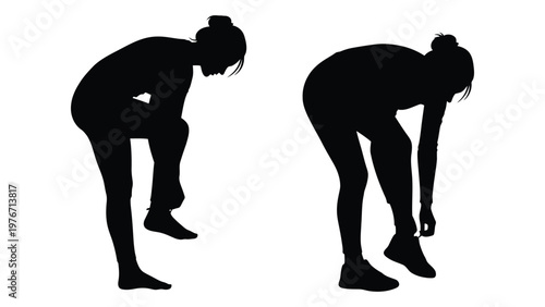 Silhouette of a woman stretching depicted in two slightly different poses