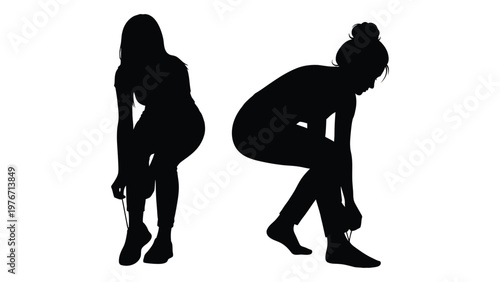 Two women in silhouette are shown bending and tying shoelaces