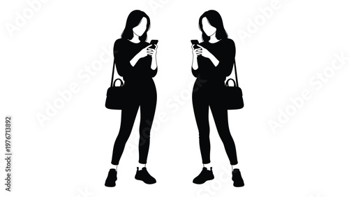 Silhouette of a woman using a smartphone replicated in a mirrored arrangement