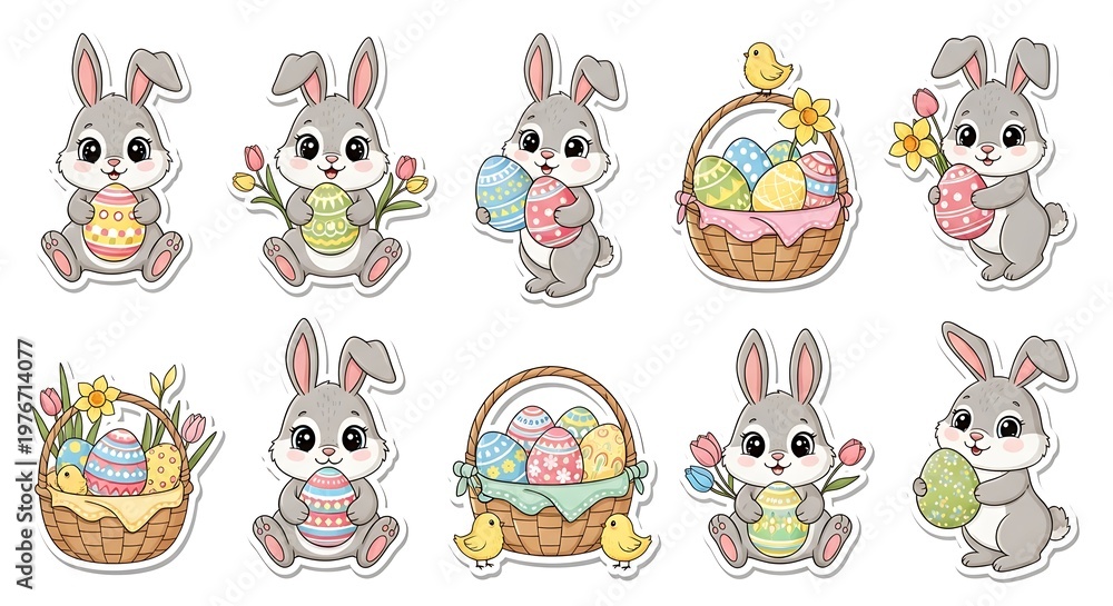 Obraz premium Easter bunny stickers set with colorful eggs and flowers vector illustration