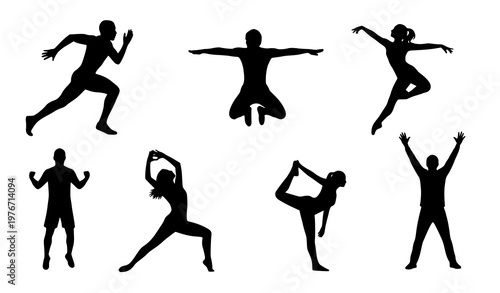 People action silhouette vector set dynamic human figures running jumping and movement poses