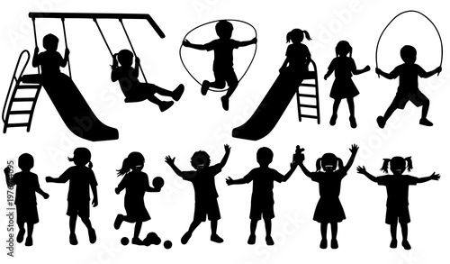 Kids playground silhouette set children playing jumping and fun activity vector collection
