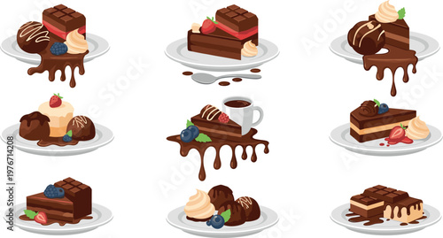Chocolate Dessert Plates Set Cakes Truffles Coffee Sweet Food Collection Delicious Vector Illustration Design