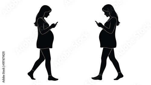 Silhouettes of two pregnant women using smartphones facing each other