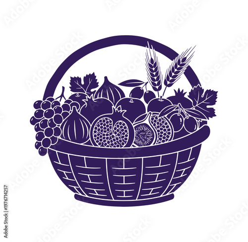 A purple illustration of a basket filled with various fruits and grains  fresh produce