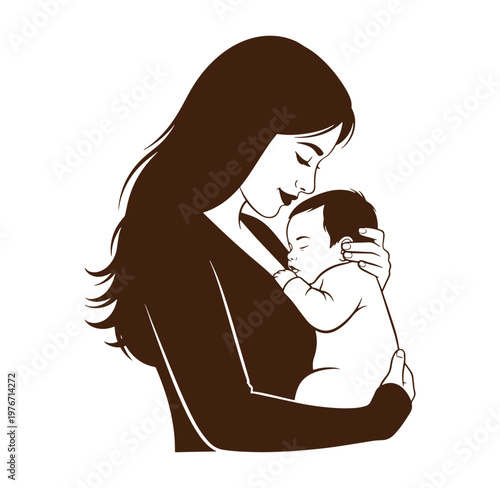 A woman holding a sleeping baby close to her chest in a tender moment
