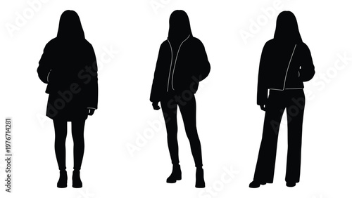 Silhouettes of three women standing in different casual outfits against a white background