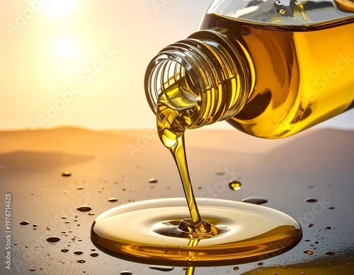 Close-up of golden liquid pouring from a bottle. Sunlit background