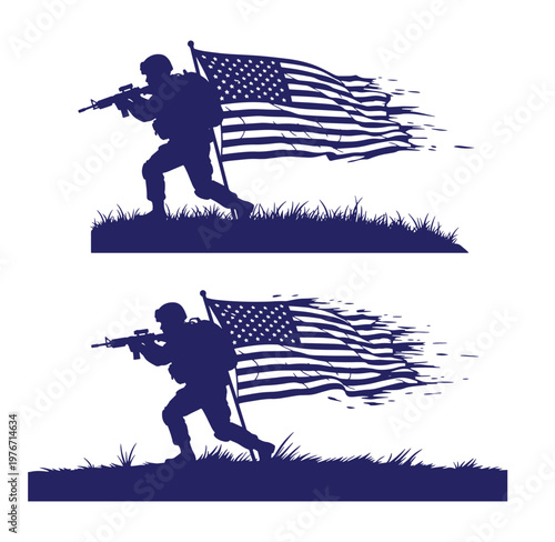 American soldiers with USA flags running with guns in hand on grassy field