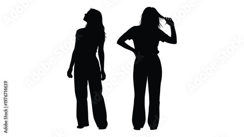 Two women in silhouette pose with confident stances showcasing body shapes