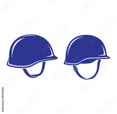 blue military helmets with chin straps side and front view  safety protection headgear