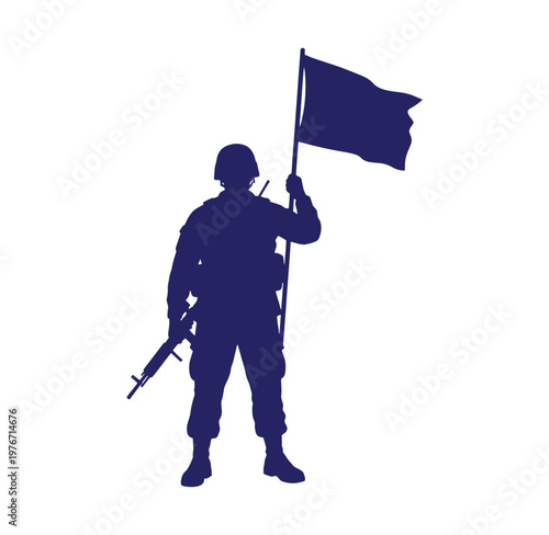 blue silhouette of a soldier holding a gun and a waving flag
