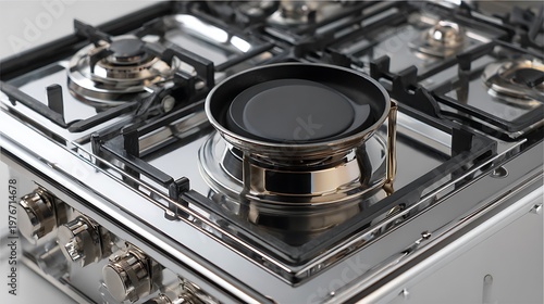 A clean stainless steel electric motor and car engine part placed on a modern kitchen hob near a metal cooker appliance
