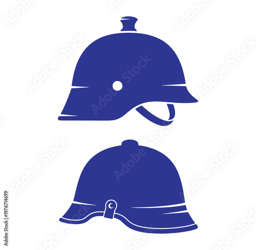 Blue silhouette of two British World War I Brodie helmets side and front view  military headgear