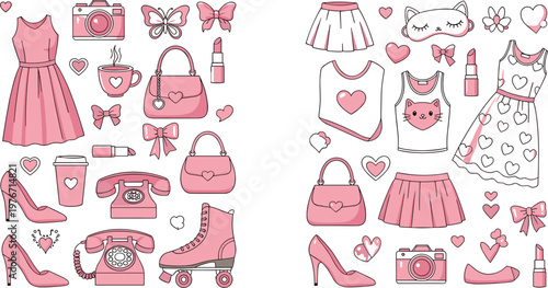Pink Fashion Illustration Set Featuring Dresses Handbags Shoes Accessories Lipstick and Cute Symbols for Girly Style and Trendy Design Collection