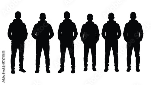 Silhouette of six men standing in a row facing forward