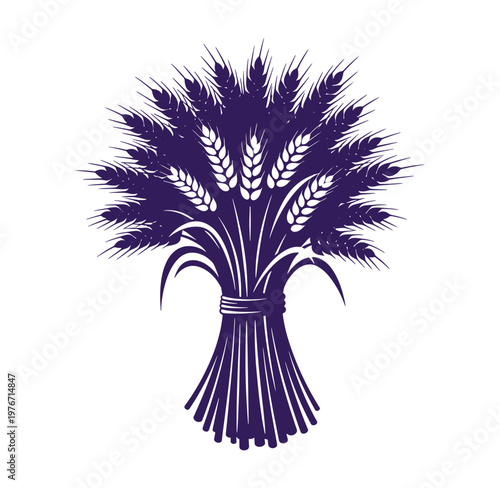 bundled wheat stalks with purple silhouette on white background