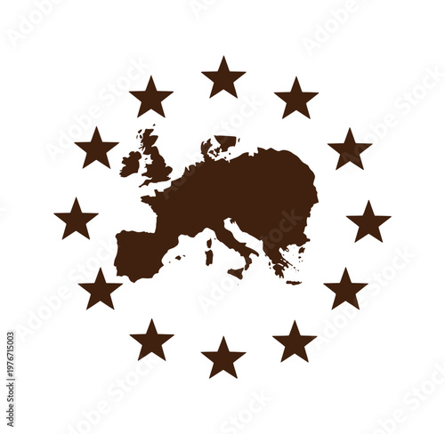 European Union map surrounded by stars symbolizing unity and cooperation across Europe in one sentence