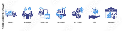 Supply Chain and Negotiation web banner icon vector illustration featuring Delivery, Negotiation, Supply Chain, Partnership, Best Product, Offer, and Warehouse in procurement operations.