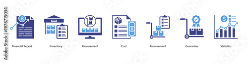 Financial and Inventory Control web banner icon vector illustration featuring Financial Report, Inventory, Procurement, Cost, Procurement, Guarantee, and Statistics for effective business management.