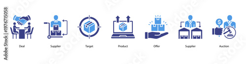 Business Deals and Suppliers web banner icon vector illustration featuring Deal, Supplier, Target, Product, Offer, Supplier, and Auction for corporate procurement and supply chain management.