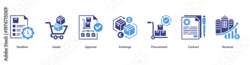 Approval and Contracts web banner icon vector illustration featuring Deadline, Goods, Approval, Exchange, Procurement, Contract, and Revenue for efficient procurement workflow.