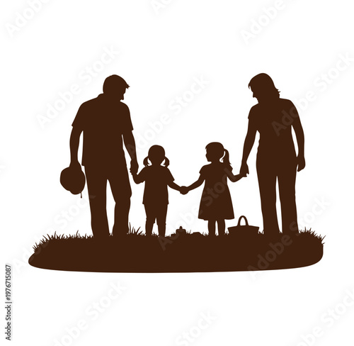 Family silhouette illustration of parents and two children standing on grass