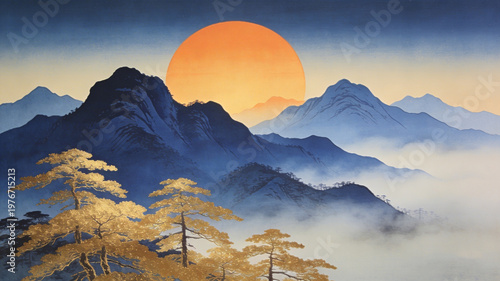 Serene Mountain Landscape at Sunrise with Golden Pine Trees and Mist