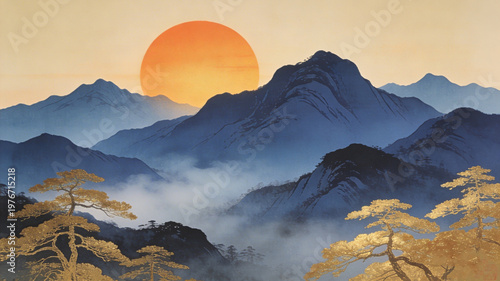 Serene traditional Asian landscape painting depicting a vibrant orange sun rising over majestic blue mountains shrouded in mystical mist, with elegant golden pine trees