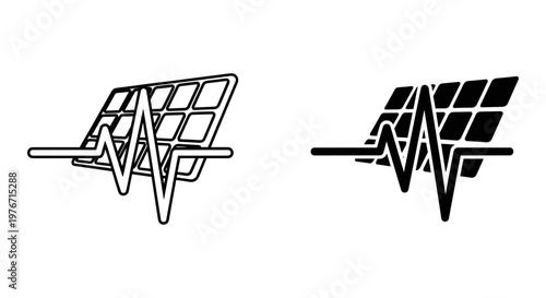 Solar energy monitoring icons, photovoltaic panel with electricity pulse wave, renewable power generation tracking vector set