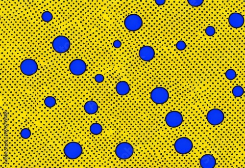 Pop art style pattern with random blue dots on yellow background